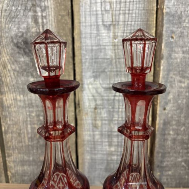 A Pair of Bohemian Style Ruby Cut to Clear Glass Decanters