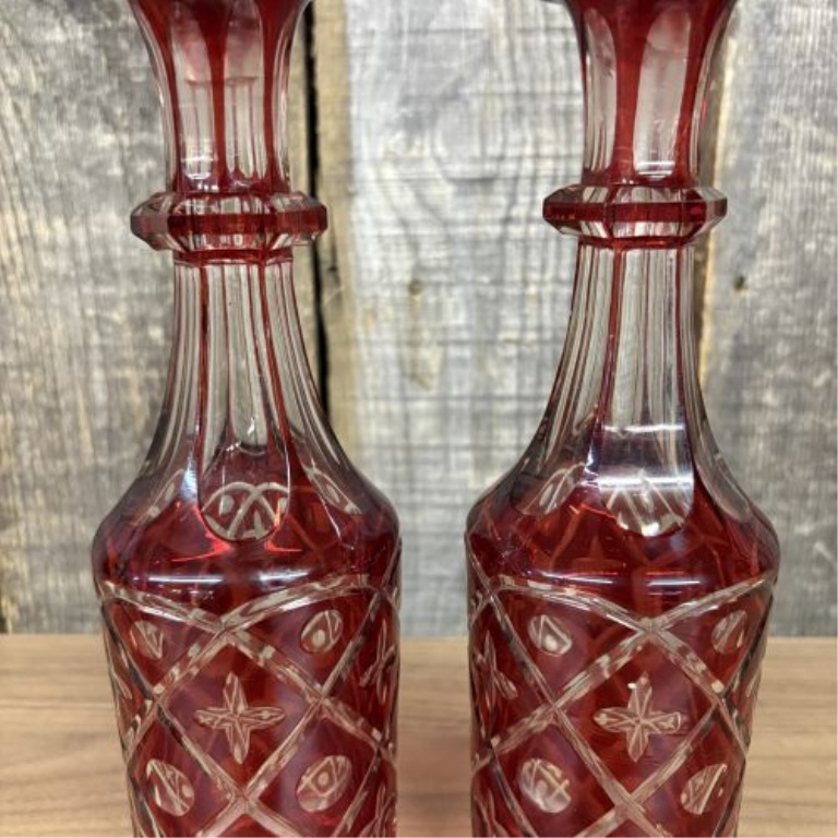 A Pair of Bohemian Style Ruby Cut to Clear Glass Decanters