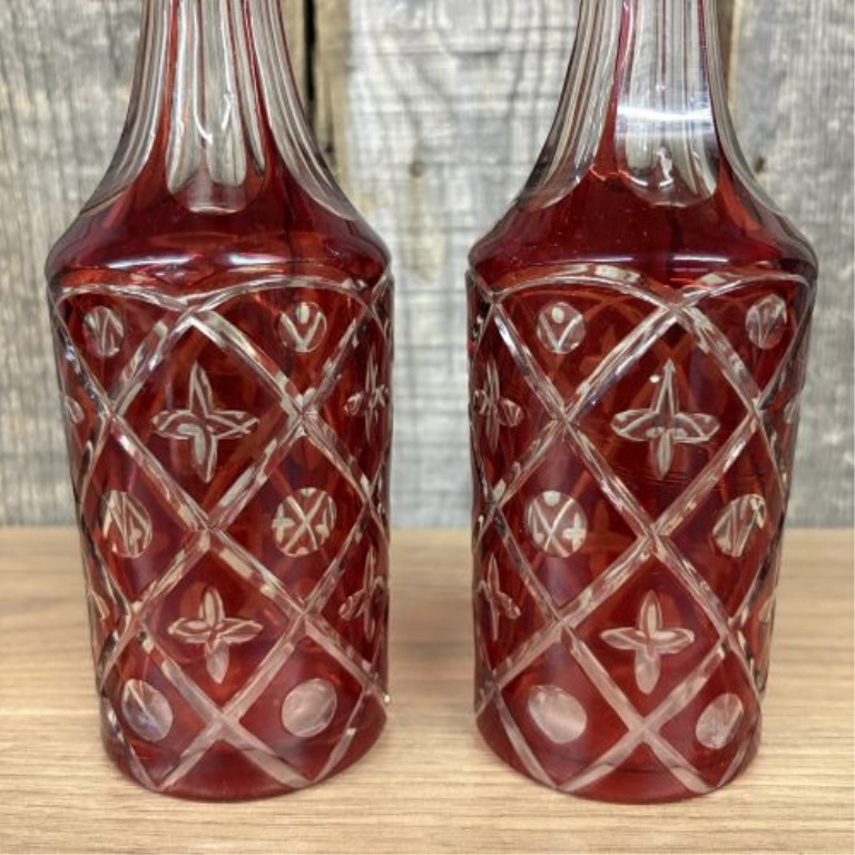 A Pair of Bohemian Style Ruby Cut to Clear Glass Decanters