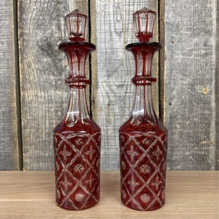 A Pair of Bohemian Style Ruby Cut to Clear Glass Decanters