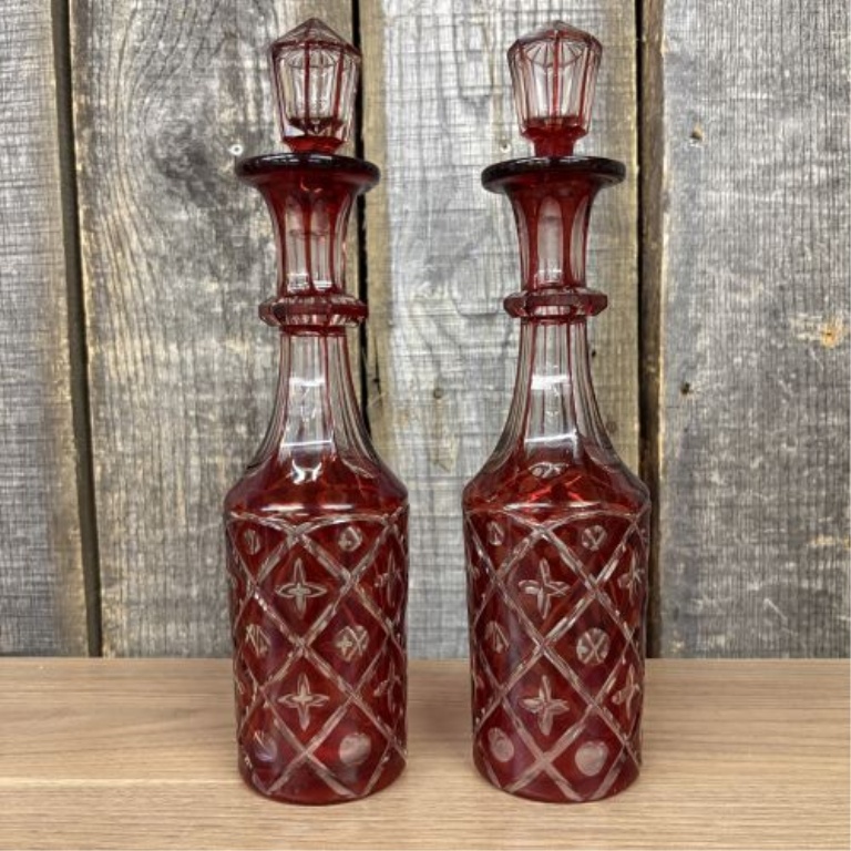 A Pair of Bohemian Style Ruby Cut to Clear Glass Decanters
