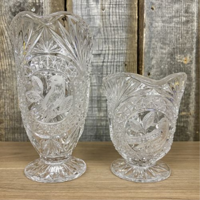 A Pair of Lead Cut Crystal Pitchers with Frosted Bird Medallions
