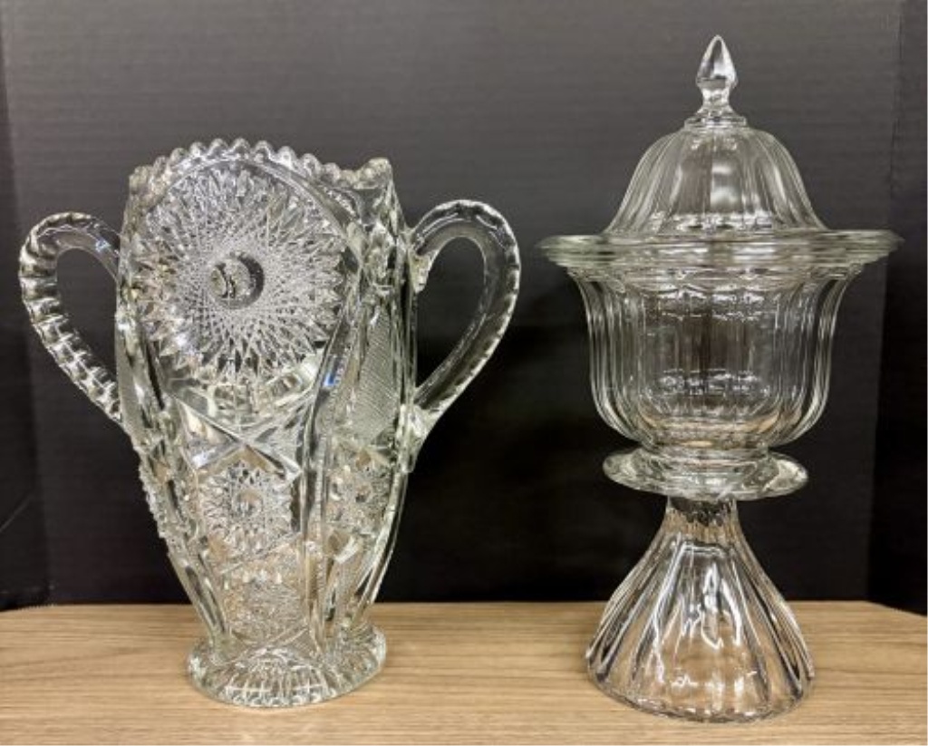 Two Pieces of Clear Decorative Glass Including an American Brilliant Period Style Cut Glass Loving Cup and a Ribbed Pedestal Compote
