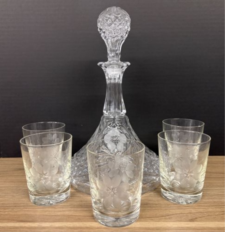 A Set of Floral Etched and Cut Glass Drinkware Including a Ship's Decanter and Five Tumblers