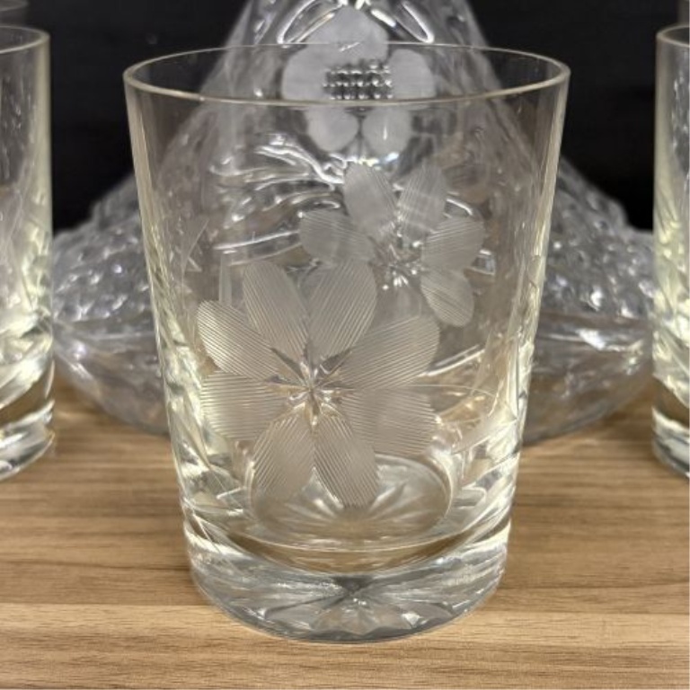 A Set of Floral Etched and Cut Glass Drinkware Including a Ship's Decanter and Five Tumblers