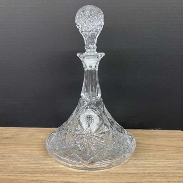 A Set of Floral Etched and Cut Glass Drinkware Including a Ship's Decanter and Five Tumblers