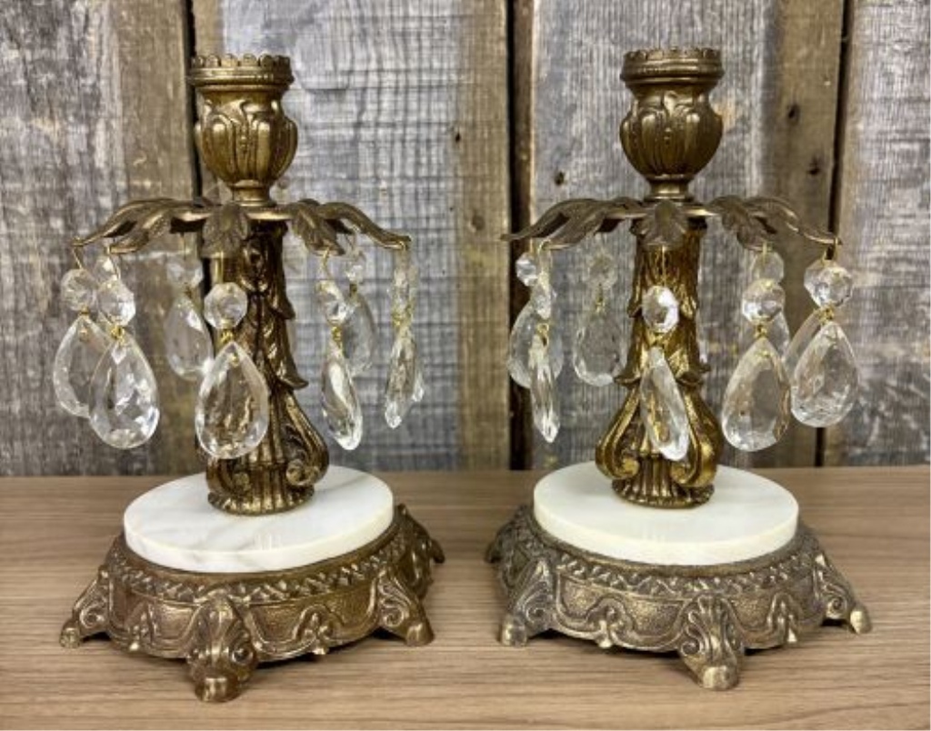 A Pair of Vintage Hollywood Regency Style Gilt Metal and Marble Mantle Lustre Candlesticks