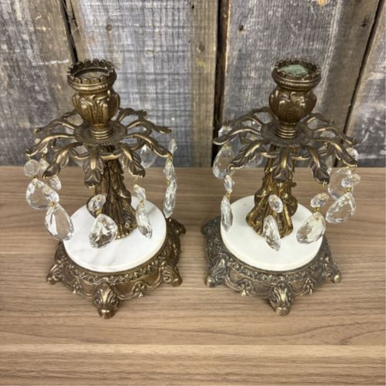 A Pair of Vintage Hollywood Regency Style Gilt Metal and Marble Mantle Lustre Candlesticks