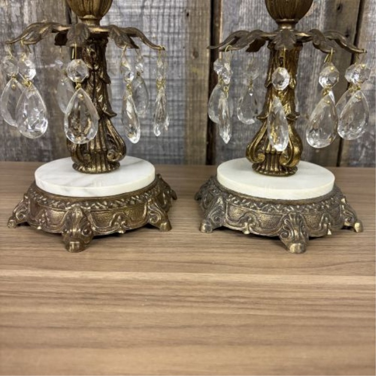 A Pair of Vintage Hollywood Regency Style Gilt Metal and Marble Mantle Lustre Candlesticks