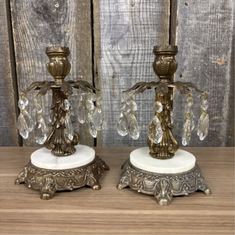 A Pair of Vintage Hollywood Regency Style Gilt Metal and Marble Mantle Lustre Candlesticks