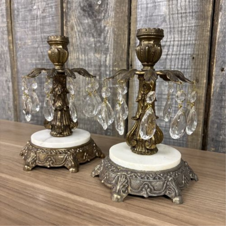 A Pair of Vintage Hollywood Regency Style Gilt Metal and Marble Mantle Lustre Candlesticks