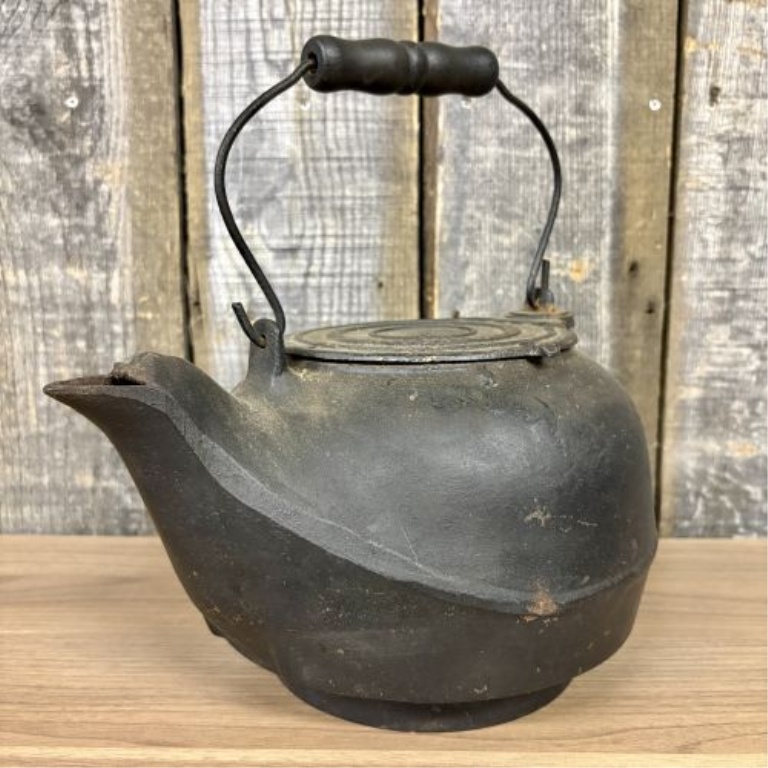 19th Century Cast Iron Gate Marked Tea Kettle with Turned Wood Handle