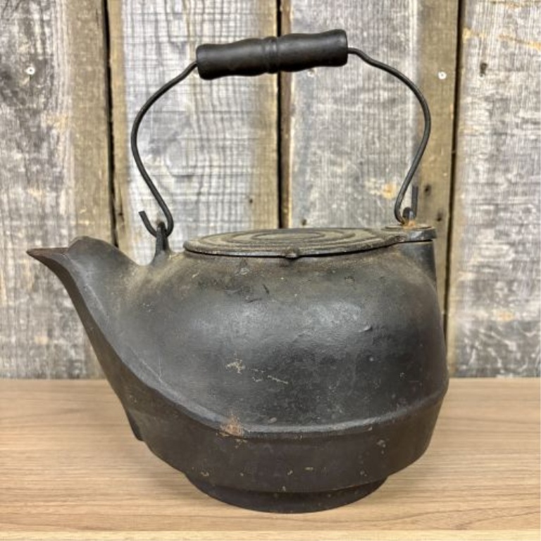 19th Century Cast Iron Gate Marked Tea Kettle with Turned Wood Handle