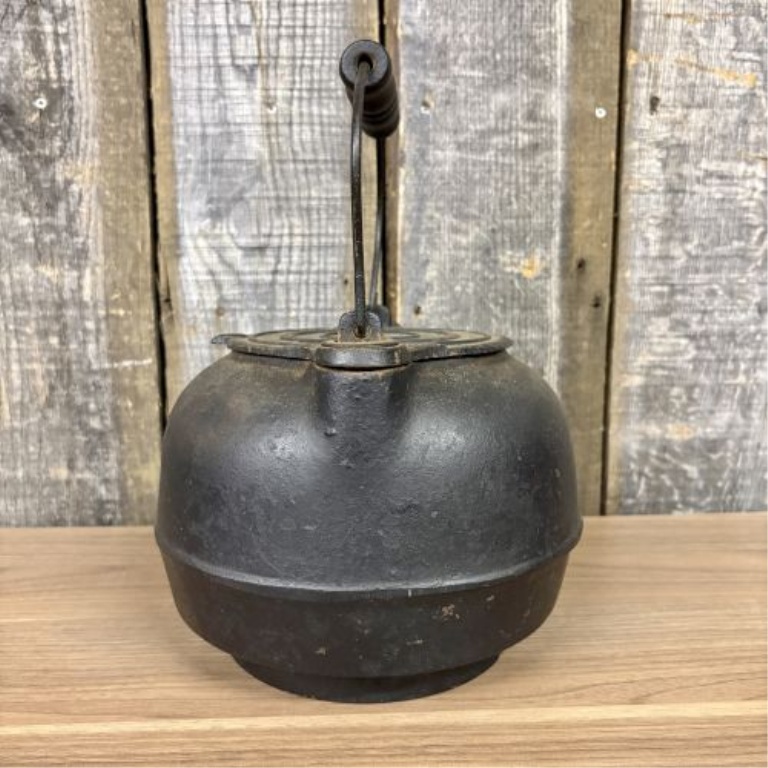 19th Century Cast Iron Gate Marked Tea Kettle with Turned Wood Handle