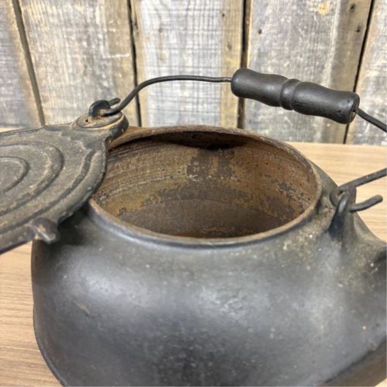 19th Century Cast Iron Gate Marked Tea Kettle with Turned Wood Handle
