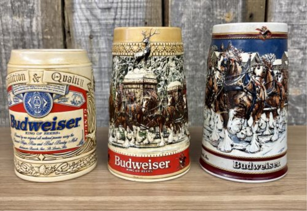A Trio of Budweiser Commemorative Holiday and Label Steins, 1987-1995