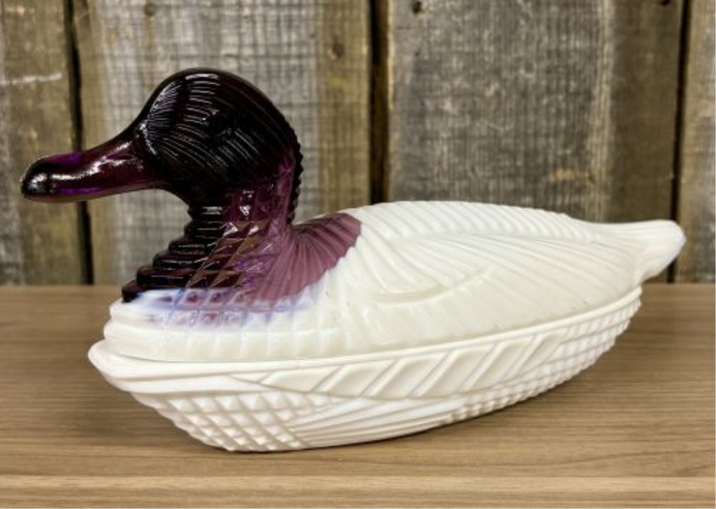 Amethyst Slag and Milk Glass Duck on Nest Covered Dish, Attributed to L.G. Wright