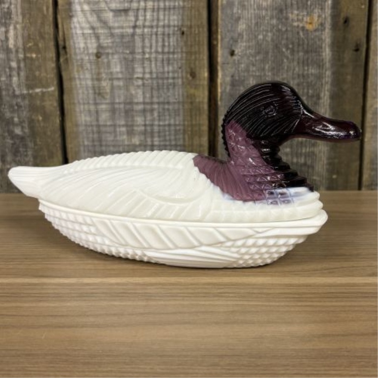 Amethyst Slag and Milk Glass Duck on Nest Covered Dish, Attributed to L.G. Wright