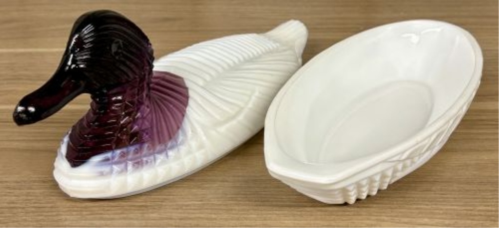 Amethyst Slag and Milk Glass Duck on Nest Covered Dish, Attributed to L.G. Wright