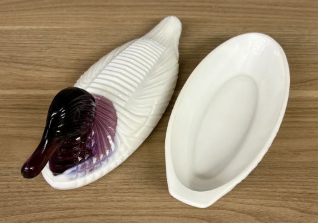 Amethyst Slag and Milk Glass Duck on Nest Covered Dish, Attributed to L.G. Wright