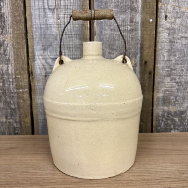 Antique Stoneware Jug with Wire Bail Handle and Wooden Grip