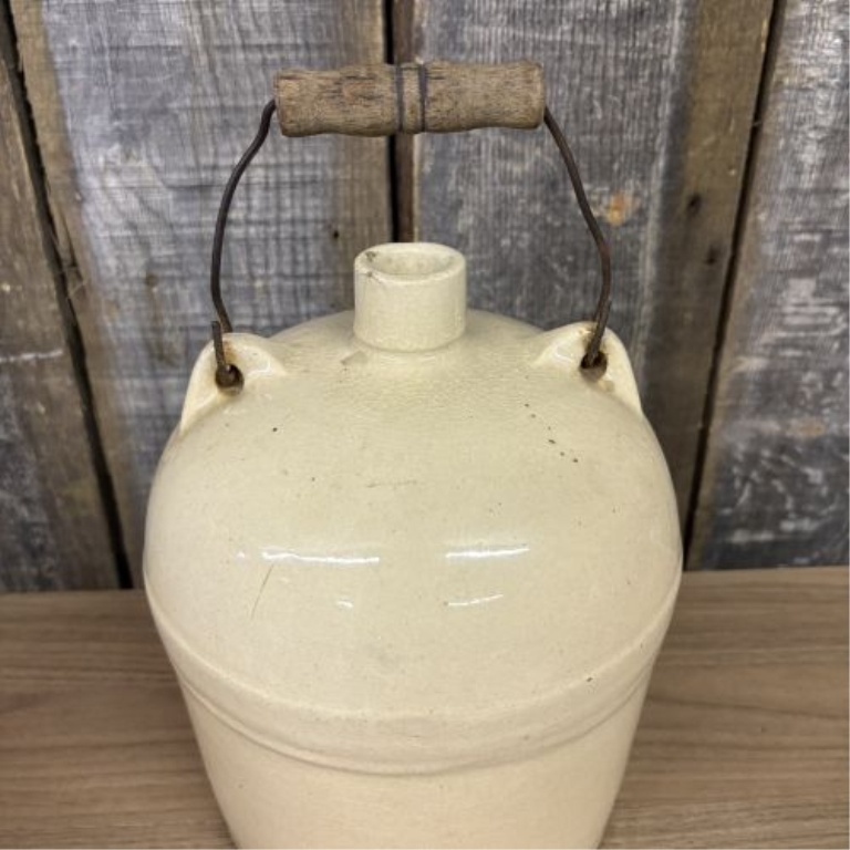 Antique Stoneware Jug with Wire Bail Handle and Wooden Grip