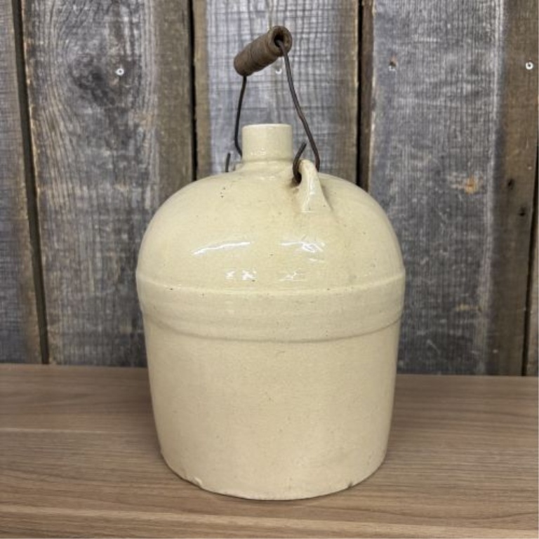 Antique Stoneware Jug with Wire Bail Handle and Wooden Grip