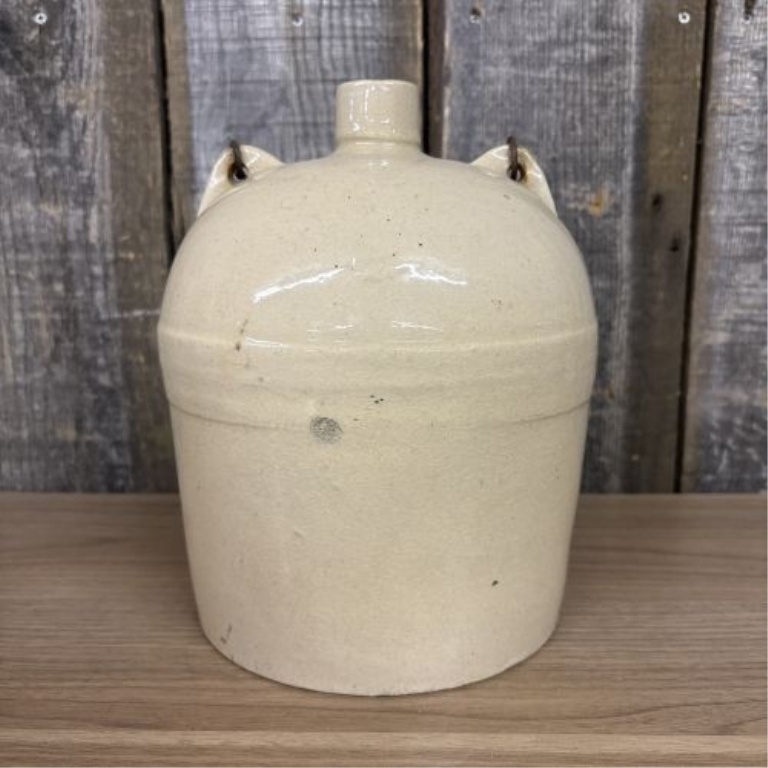Antique Stoneware Jug with Wire Bail Handle and Wooden Grip