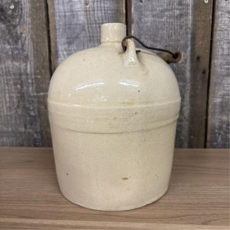 Antique Stoneware Jug with Wire Bail Handle and Wooden Grip