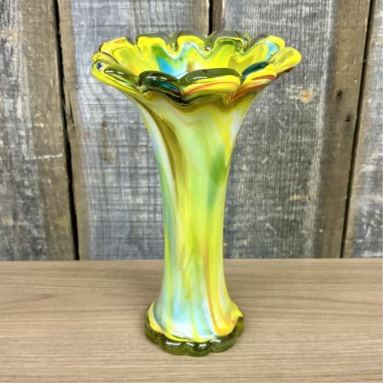 Mid-Century Modern Style Hand-Blown Multicolored Swirl Art Glass Vase with Scalloped Rim