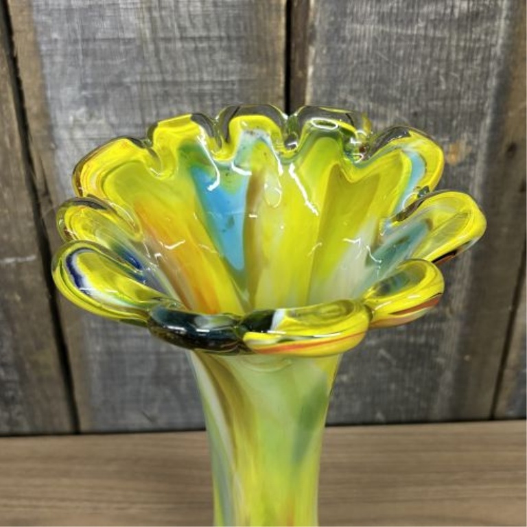Mid-Century Modern Style Hand-Blown Multicolored Swirl Art Glass Vase with Scalloped Rim
