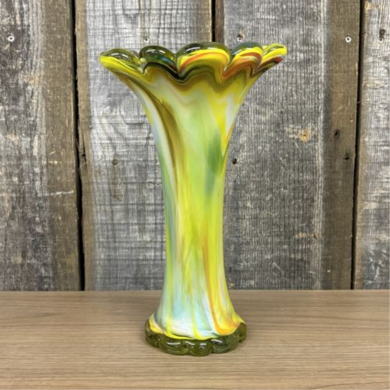 Mid-Century Modern Style Hand-Blown Multicolored Swirl Art Glass Vase with Scalloped Rim
