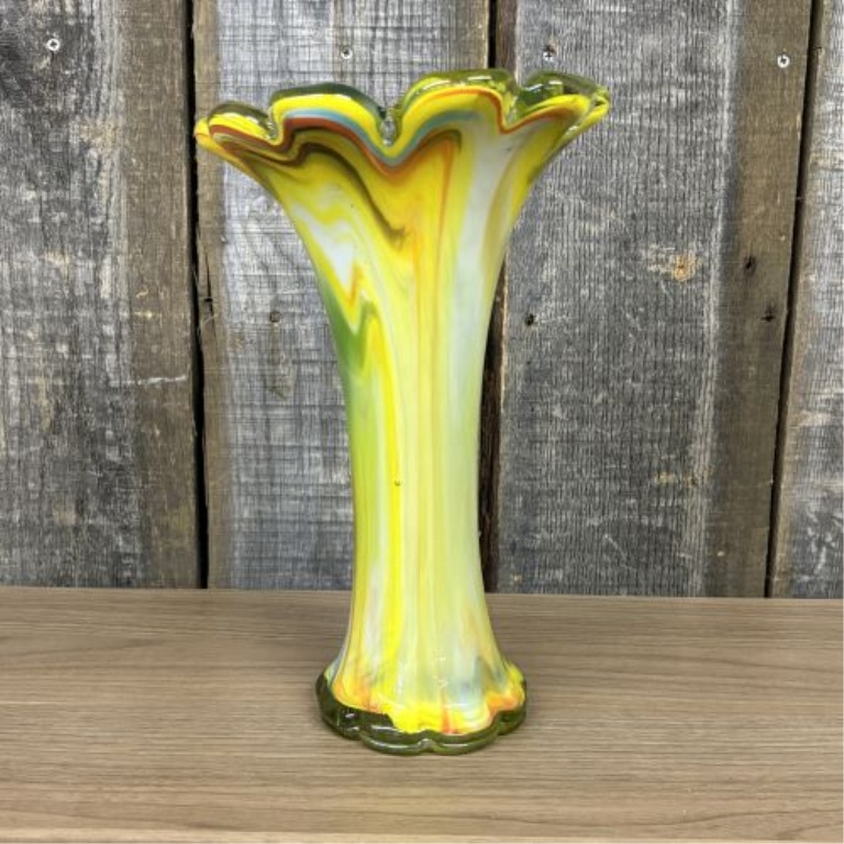 Mid-Century Modern Style Hand-Blown Multicolored Swirl Art Glass Vase with Scalloped Rim