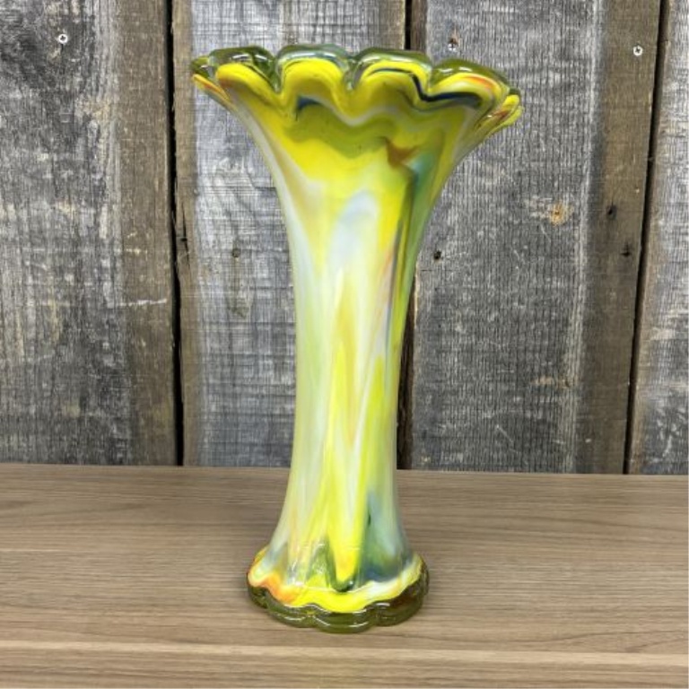 Mid-Century Modern Style Hand-Blown Multicolored Swirl Art Glass Vase with Scalloped Rim