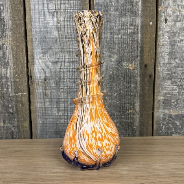 Mid-Century Bohemian Style Orange Spatter Art Glass Vase with Applied Splash Base