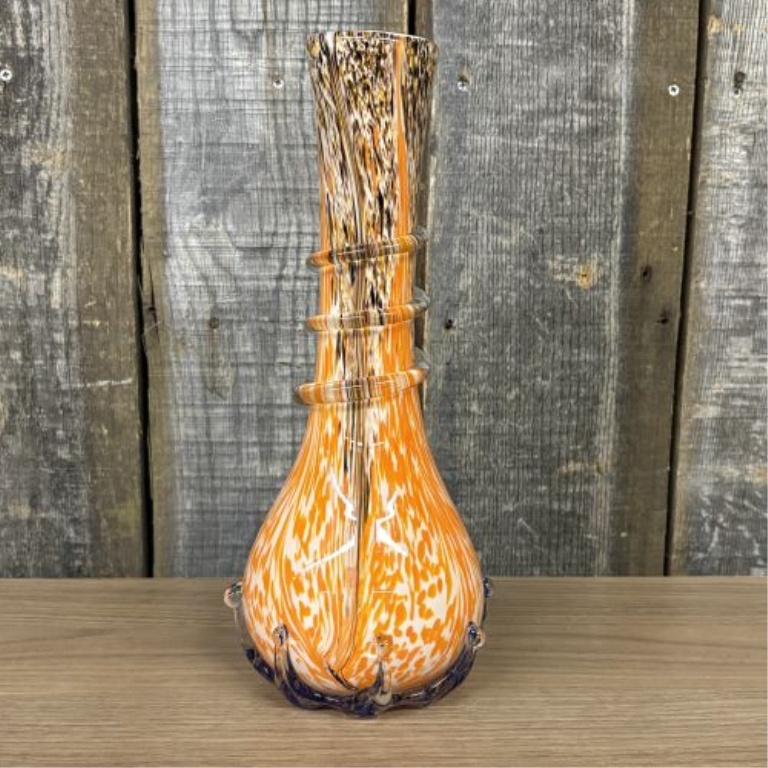 Mid-Century Bohemian Style Orange Spatter Art Glass Vase with Applied Splash Base