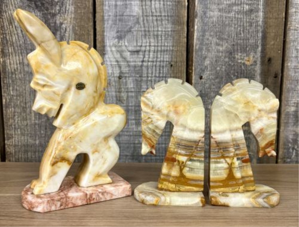 A Trio of Mexican Hand-Carved Onyx Stone Decorative Objects