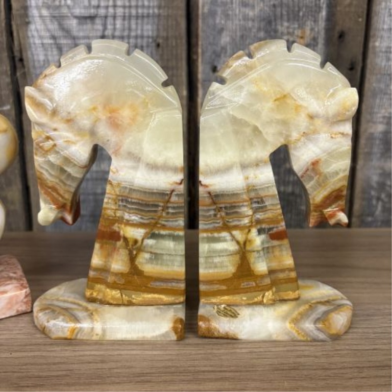 A Trio of Mexican Hand-Carved Onyx Stone Decorative Objects