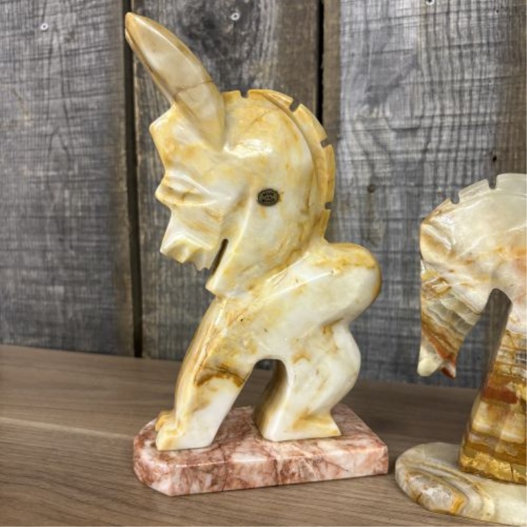 A Trio of Mexican Hand-Carved Onyx Stone Decorative Objects