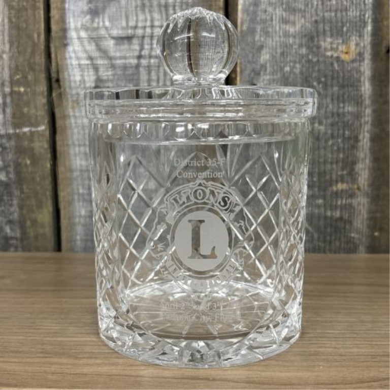 Taunton Crystal Hand-Cut 24% Lead Crystal Commemorative Lions Club Lidded Jar