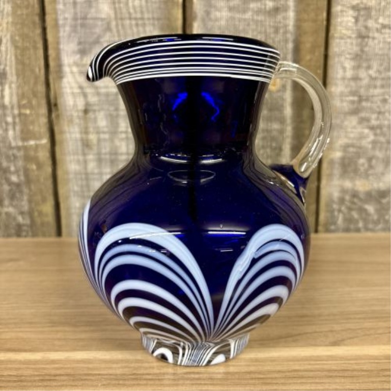 Cobalt Blue Art Glass Pitcher with Opaque White Festooned Decoration
