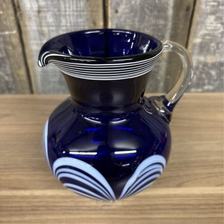 Cobalt Blue Art Glass Pitcher with Opaque White Festooned Decoration