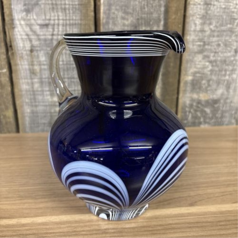 Cobalt Blue Art Glass Pitcher with Opaque White Festooned Decoration