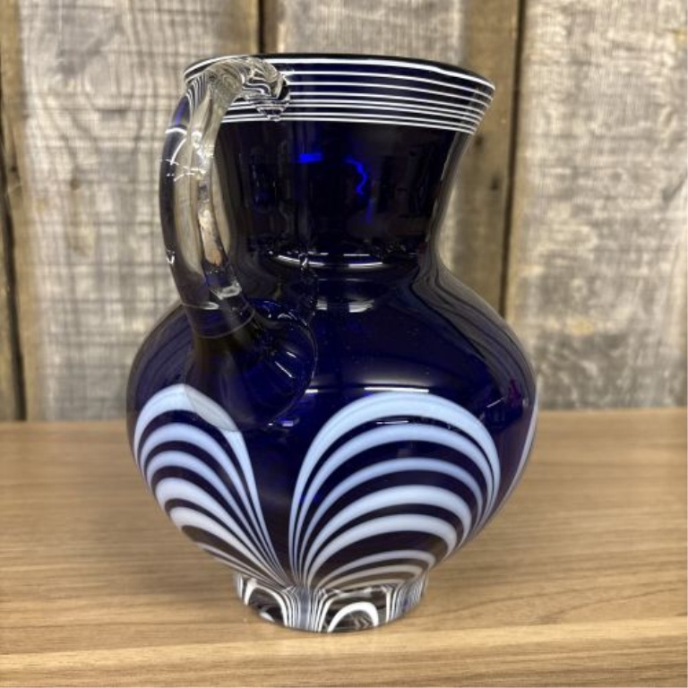 Cobalt Blue Art Glass Pitcher with Opaque White Festooned Decoration