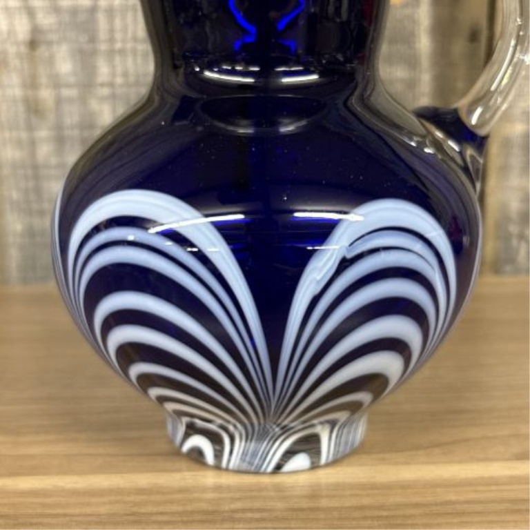 Cobalt Blue Art Glass Pitcher with Opaque White Festooned Decoration