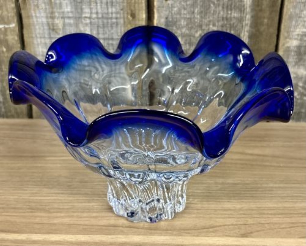 Attributed to Shannon Crystal Cobalt Blue Art Glass Pedestal Bowl