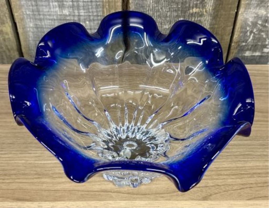 Attributed to Shannon Crystal Cobalt Blue Art Glass Pedestal Bowl