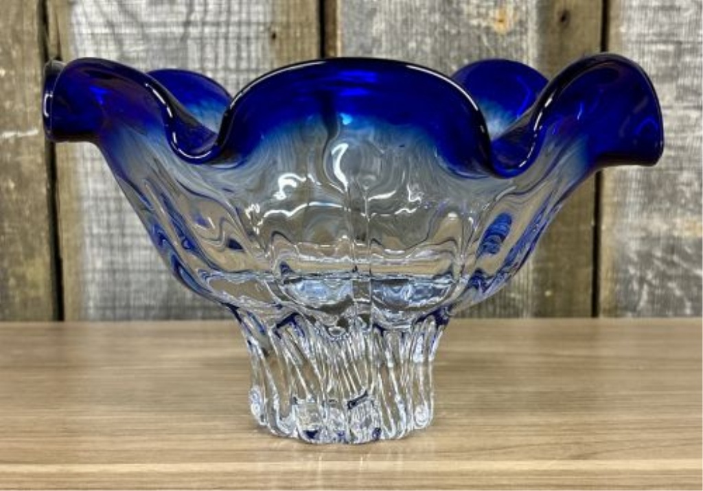 Attributed to Shannon Crystal Cobalt Blue Art Glass Pedestal Bowl