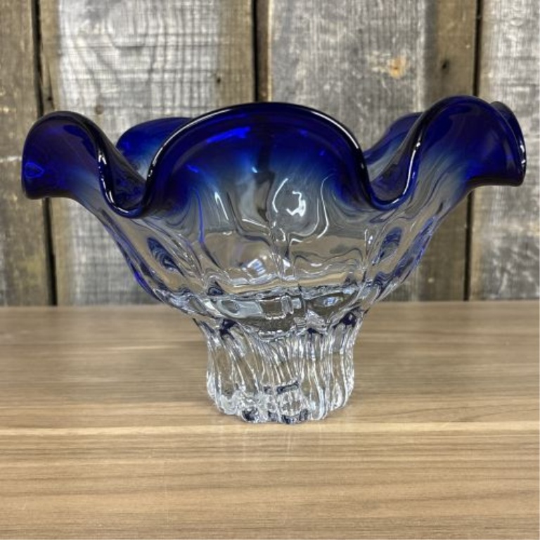Attributed to Shannon Crystal Cobalt Blue Art Glass Pedestal Bowl
