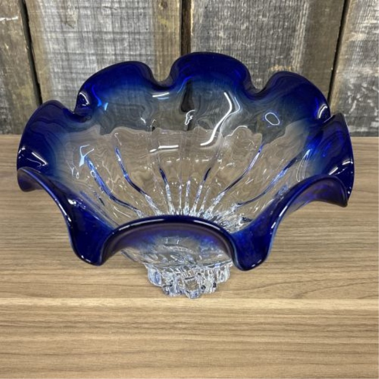 Attributed to Shannon Crystal Cobalt Blue Art Glass Pedestal Bowl
